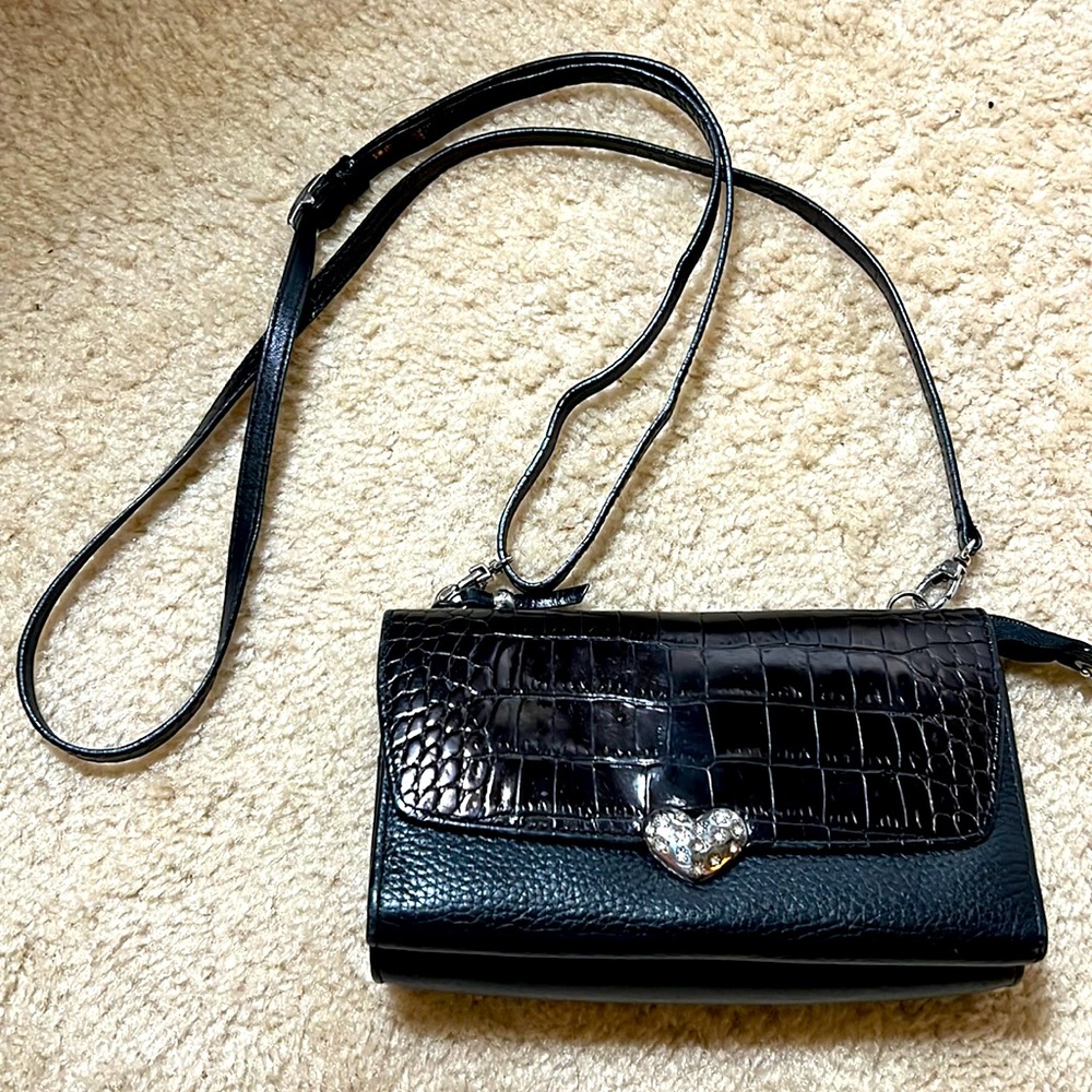Brighton Black Croc and Pebbled Leather Crossbody Organizer Shoulder Handbag